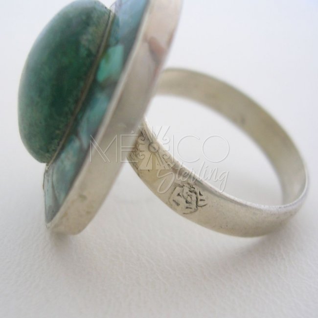 Silver Vintage Ring Malachite Inlay
