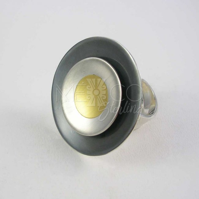 Burning Sun Mexican Silver, Gold Ring - Click Image to Close