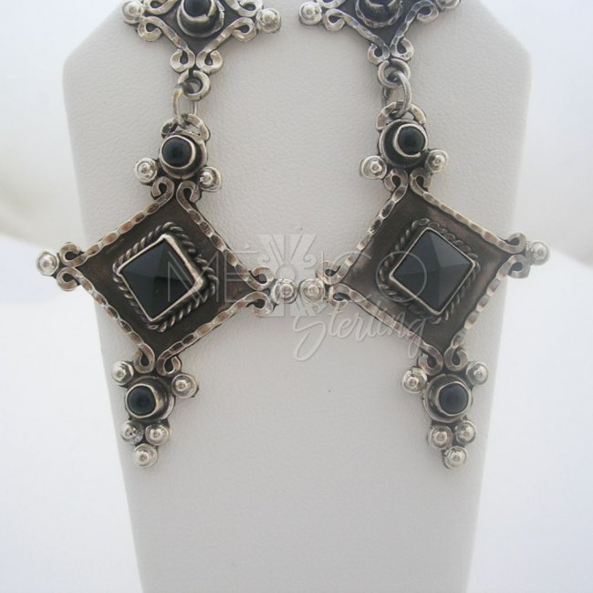 Old Taxco Silver Earrings Onyx Stones
