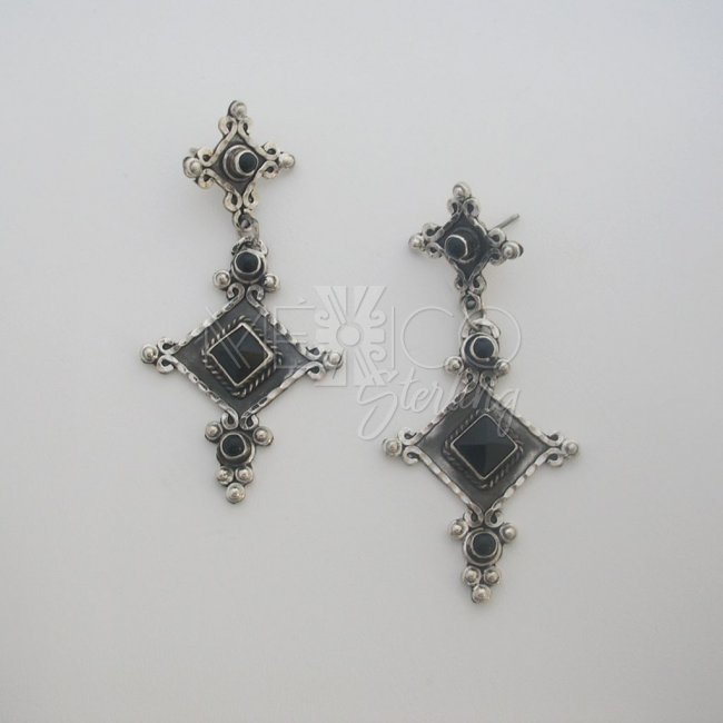 Old Taxco Silver Earrings Onyx Stones - Click Image to Close