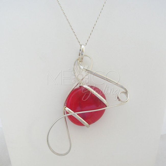 Silver Plated and Red Glass Pendant - Click Image to Close