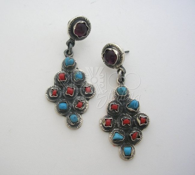 Vintage Style Silver Multi stone Drop Earrings - Click Image to Close